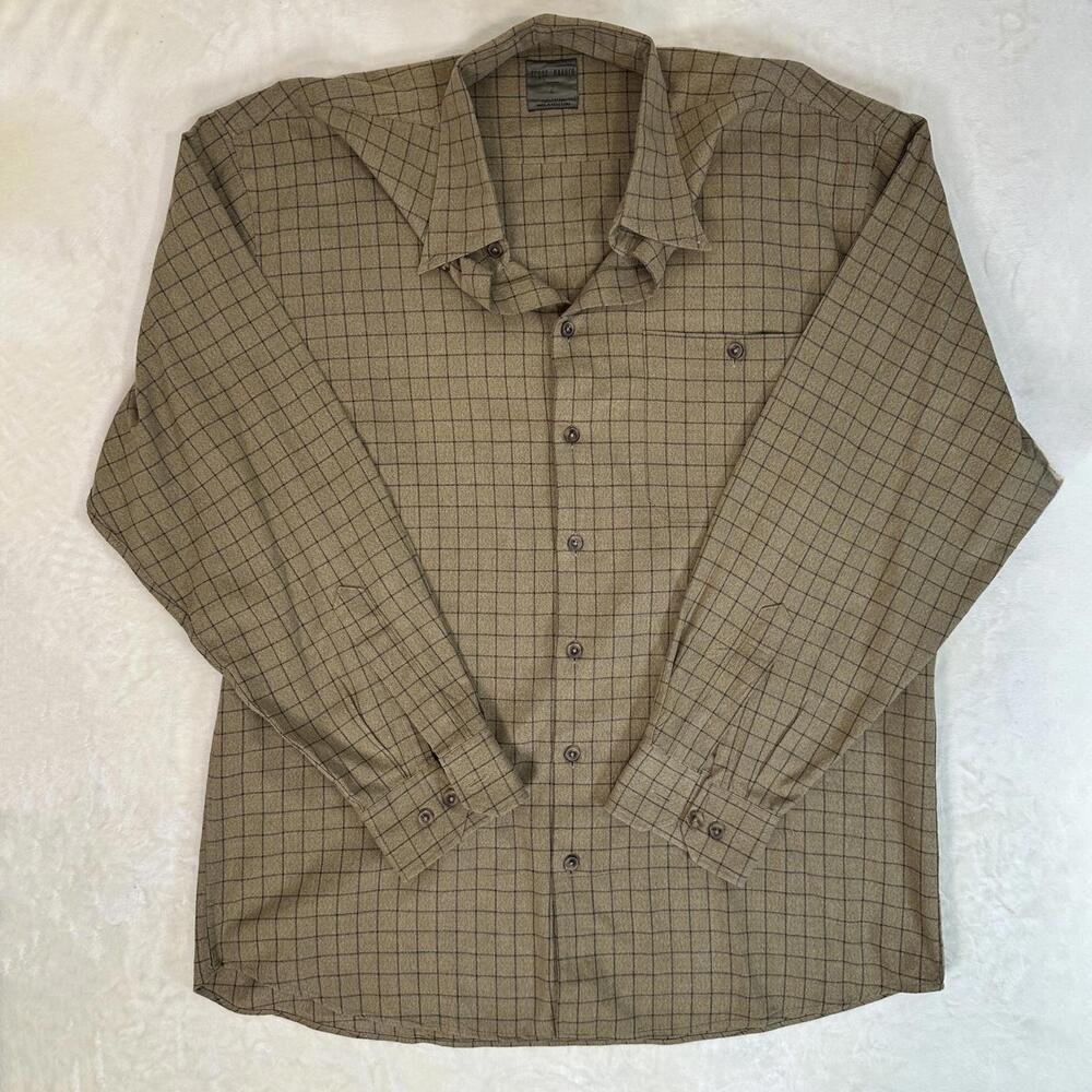 Scott Barber Men’s L Cotton Flannel Long Sleeve Button Down Tan Black Plaid